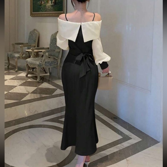 Black & ivory midi mermaid fit puff sleeve off shoulder formal dress - Picture 3 of 6